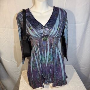 Y2K One World Peacock Print Tunic Top Boho Fairycore‎ Size M